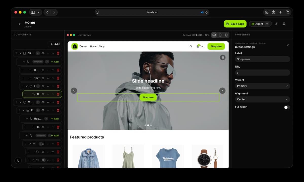Saleporia storefront builder — drag-and-drop visual editor with live preview